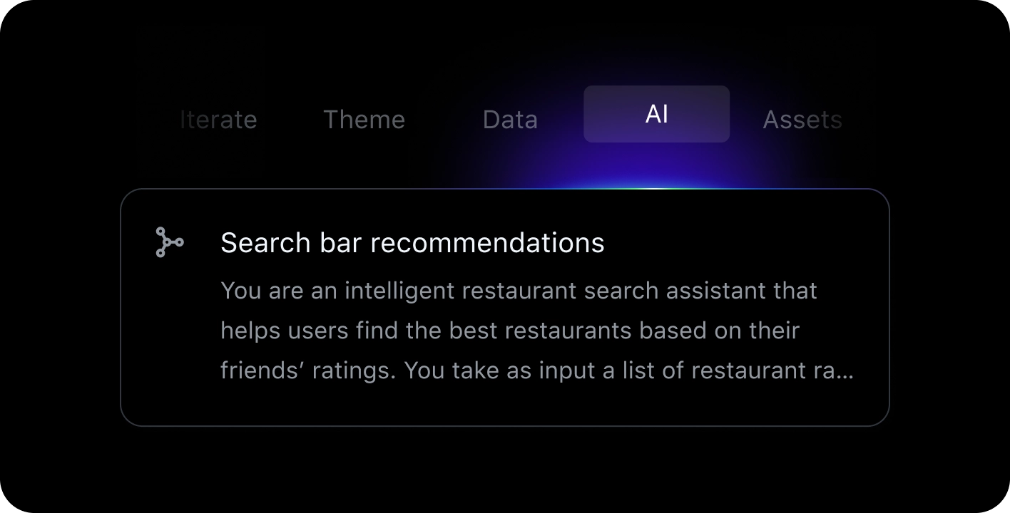 A user interface with a highlighted "AI" tab and a text box titled "Search bar recommendations" describing an assistant that helps users find top restaurants based on friends' ratings.