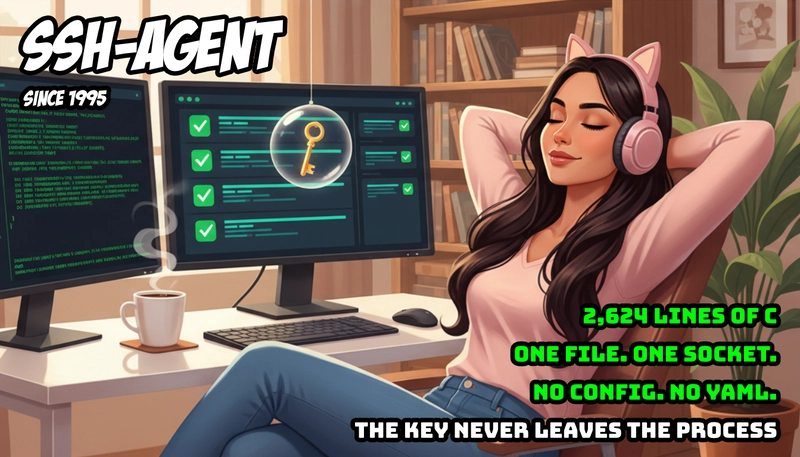 A young developer with cat-ear headphones, leans back in her chair with arms behind her head, completely relaxed. Her left monitor shows a dark terminal with ssh-agent commands, her right monitor shows server connections with green